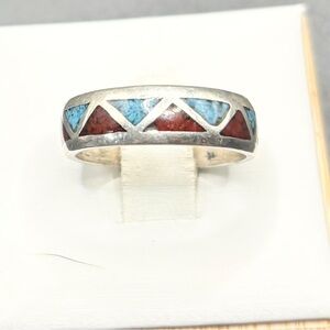 A Size6 Sterling Silver geometric style ring, with Turquoise and Red Coral inlay